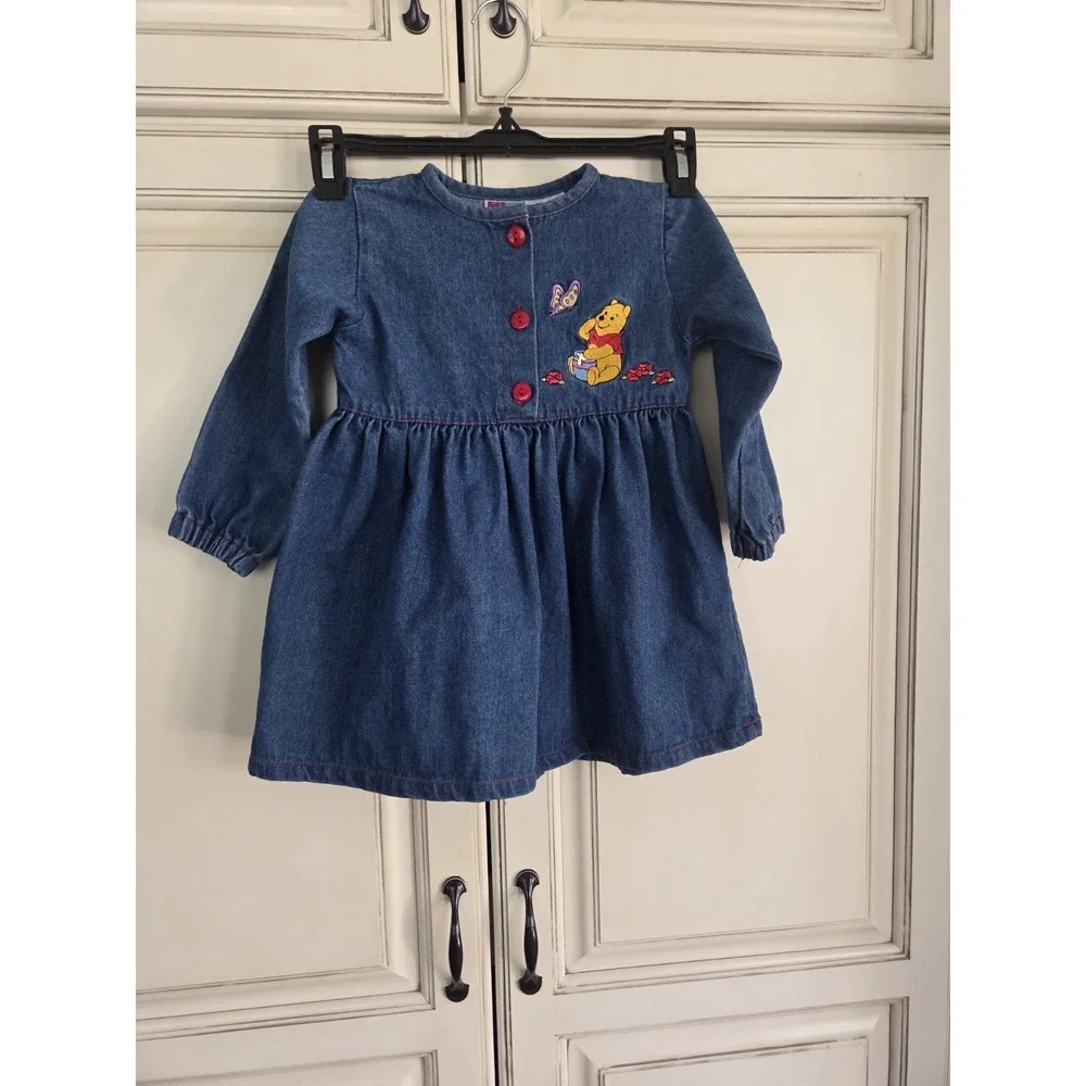 Vtg Winnie The Pooh Denim Dress Girls 3t Long Sleeve Kids 90s Y2k butterfly